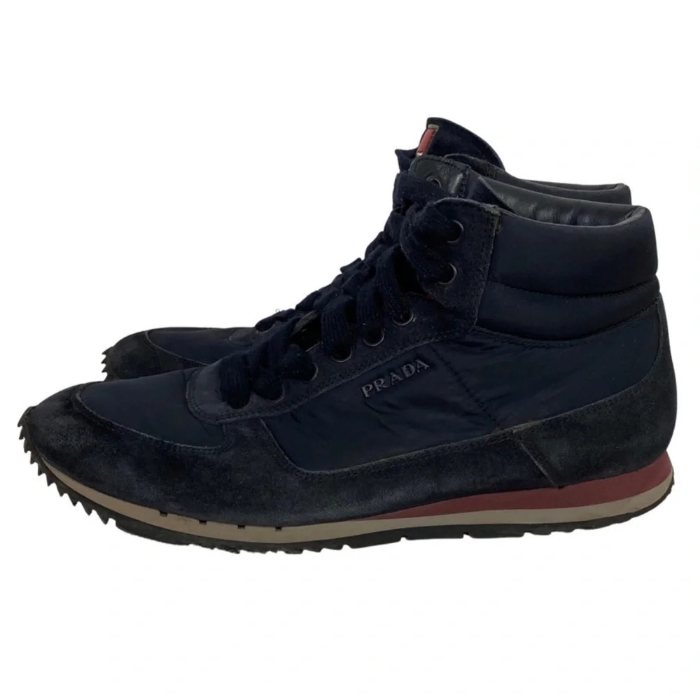 Prada Hightop Sneakers Mens Size 6 Womens 8 Unisex Retro Navy Blue Suede Shoes - Picture 2 of 16